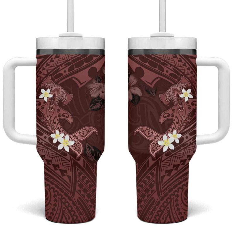 Polynesia Hammerhead Shark Tropical Flowers Tribal Oxblood Custom Stanley Quencher 40oz Stainless Steel Tumbler With Handle - Threewoofs