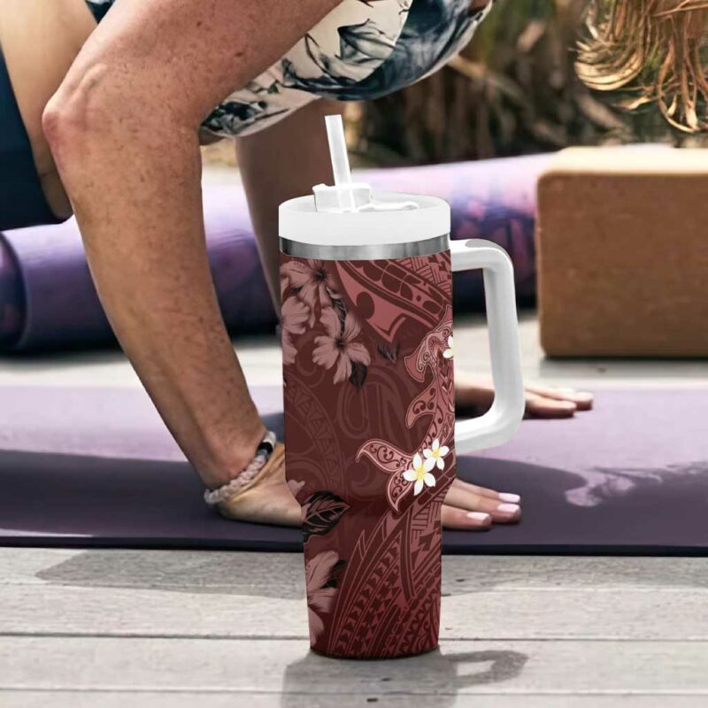 Polynesia Hammerhead Shark Tropical Flowers Tribal Oxblood Custom Stanley Quencher 40oz Stainless Steel Tumbler With Handle - Threewoofs - Image 6