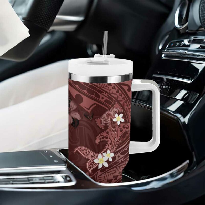 Polynesia Hammerhead Shark Tropical Flowers Tribal Oxblood Custom Stanley Quencher 40oz Stainless Steel Tumbler With Handle - Threewoofs - Image 8