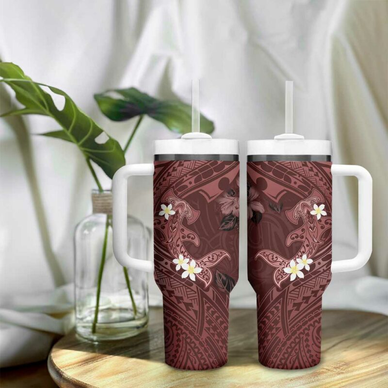 Polynesia Hammerhead Shark Tropical Flowers Tribal Oxblood Custom Stanley Quencher 40oz Stainless Steel Tumbler With Handle - Threewoofs - Image 9