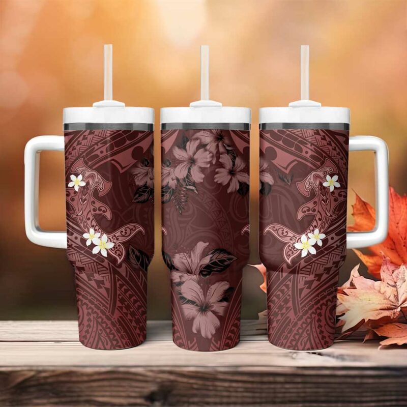 Polynesia Hammerhead Shark Tropical Flowers Tribal Oxblood Custom Stanley Quencher 40oz Stainless Steel Tumbler With Handle - Threewoofs - Image 4