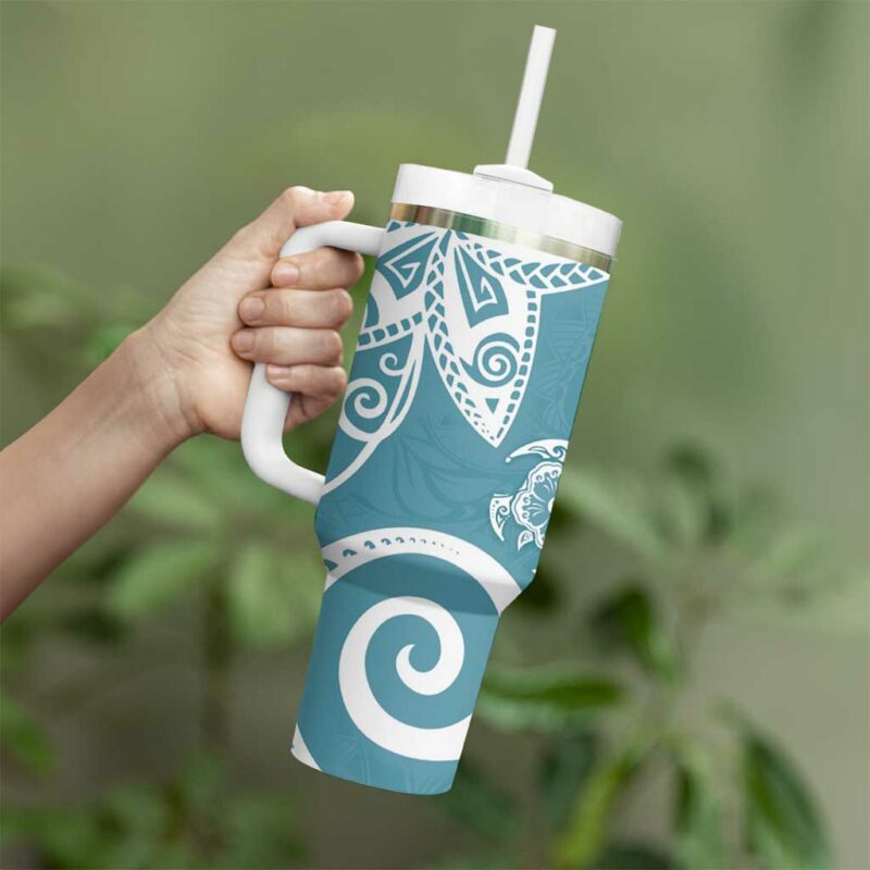 Polynesia Hippie Blue Tribal Turtle Floral Custom Stanley Quencher 40oz Stainless Steel Tumbler With Handle - Threewoofs - Image 3