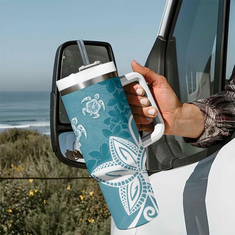 Polynesia Hippie Blue Tribal Turtle Floral Custom Stanley Quencher 40oz Stainless Steel Tumbler With Handle - Threewoofs - Image 7
