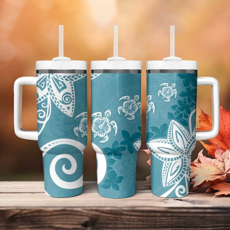 Polynesia Hippie Blue Tribal Turtle Floral Custom Stanley Quencher 40oz Stainless Steel Tumbler With Handle - Threewoofs - Image 4