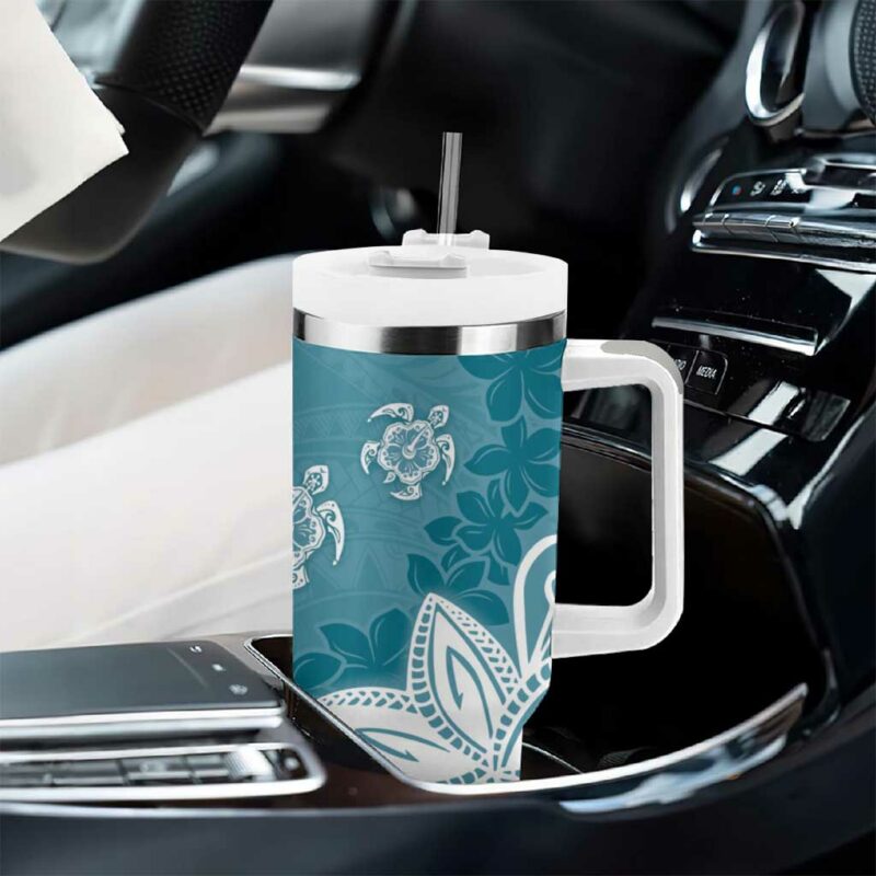 Polynesia Hippie Blue Tribal Turtle Floral Custom Stanley Quencher 40oz Stainless Steel Tumbler With Handle - Threewoofs - Image 8