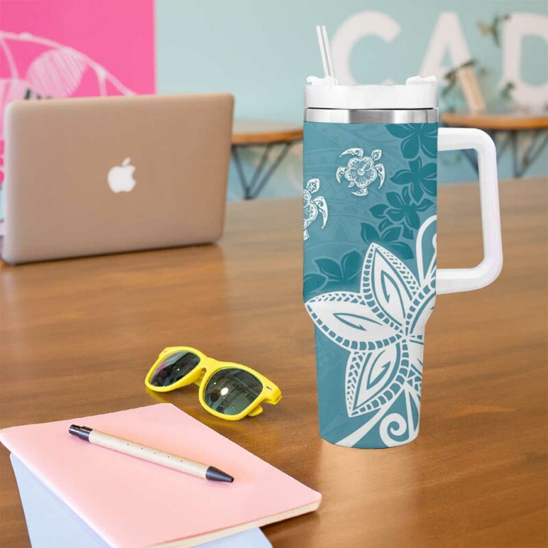 Polynesia Hippie Blue Tribal Turtle Floral Custom Stanley Quencher 40oz Stainless Steel Tumbler With Handle - Threewoofs - Image 5