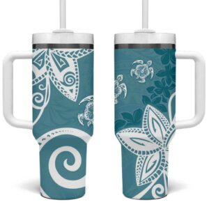 Polynesia Hippie Blue Tribal Turtle Floral Custom Stanley Quencher 40oz Stainless Steel Tumbler With Handle - Threewoofs