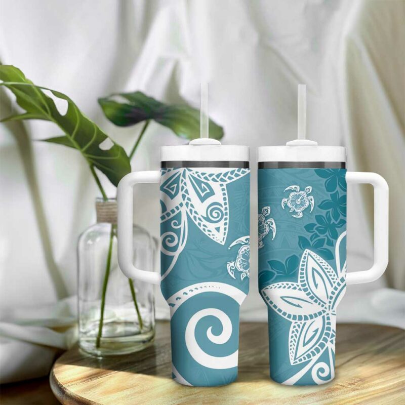 Polynesia Hippie Blue Tribal Turtle Floral Custom Stanley Quencher 40oz Stainless Steel Tumbler With Handle - Threewoofs - Image 9