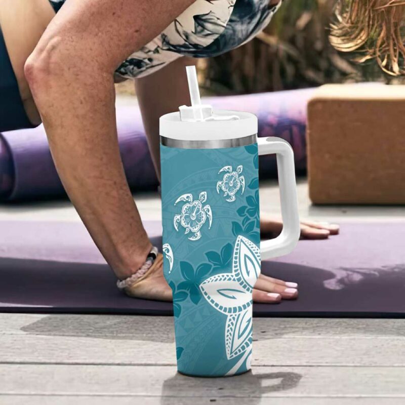 Polynesia Hippie Blue Tribal Turtle Floral Custom Stanley Quencher 40oz Stainless Steel Tumbler With Handle - Threewoofs - Image 6
