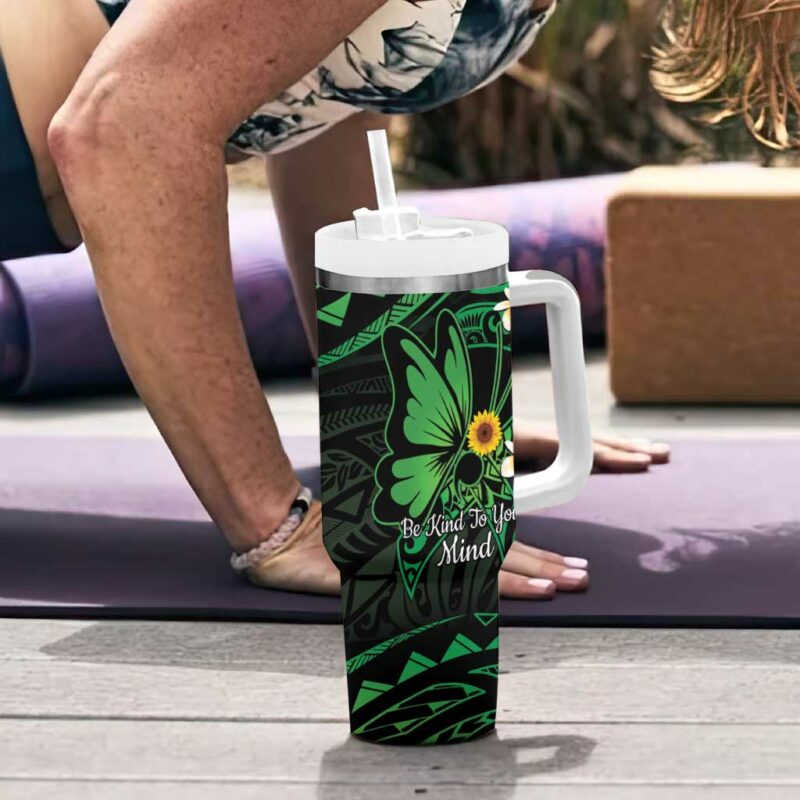 Polynesia Mental Health Awareness Green Ribbon Be Kind To Your Mind Custom Stanley Quencher 40oz Stainless Steel Tumbler With Handle - Threewoofs - Image 6