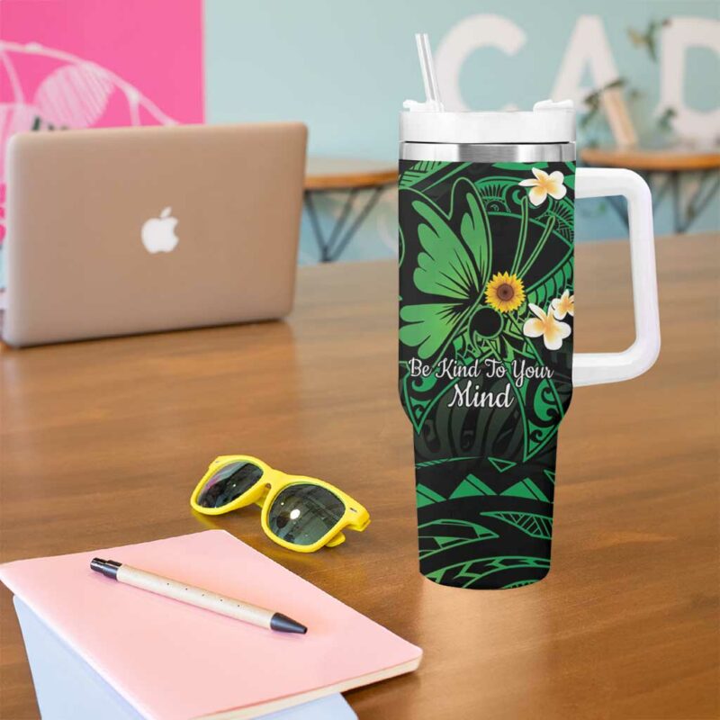 Polynesia Mental Health Awareness Green Ribbon Be Kind To Your Mind Custom Stanley Quencher 40oz Stainless Steel Tumbler With Handle - Threewoofs - Image 5