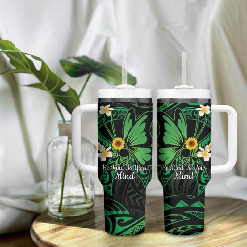 Polynesia Mental Health Awareness Green Ribbon Be Kind To Your Mind Custom Stanley Quencher 40oz Stainless Steel Tumbler With Handle - Threewoofs - Image 9