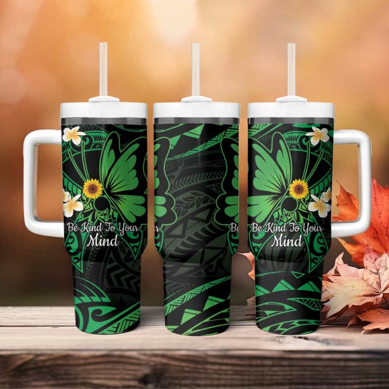 Polynesia Mental Health Awareness Green Ribbon Be Kind To Your Mind Custom Stanley Quencher 40oz Stainless Steel Tumbler With Handle - Threewoofs - Image 4