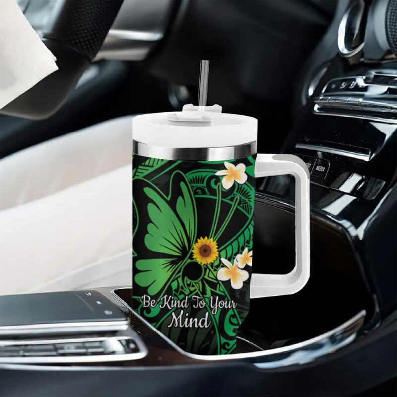Polynesia Mental Health Awareness Green Ribbon Be Kind To Your Mind Custom Stanley Quencher 40oz Stainless Steel Tumbler With Handle - Threewoofs - Image 8