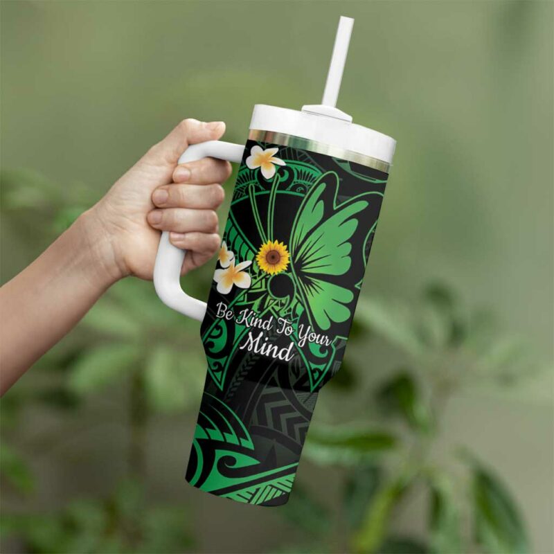 Polynesia Mental Health Awareness Green Ribbon Be Kind To Your Mind Custom Stanley Quencher 40oz Stainless Steel Tumbler With Handle - Threewoofs - Image 3
