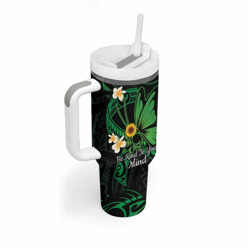 Polynesia Mental Health Awareness Green Ribbon Be Kind To Your Mind Custom Stanley Quencher 40oz Stainless Steel Tumbler With Handle - Threewoofs - Image 2