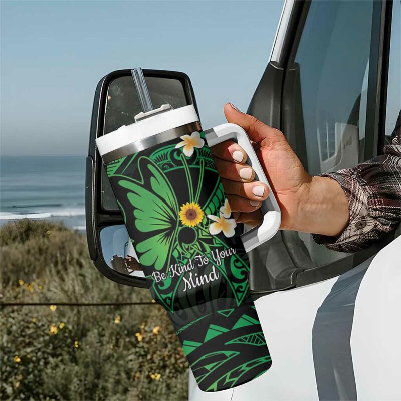 Polynesia Mental Health Awareness Green Ribbon Be Kind To Your Mind Custom Stanley Quencher 40oz Stainless Steel Tumbler With Handle - Threewoofs - Image 7