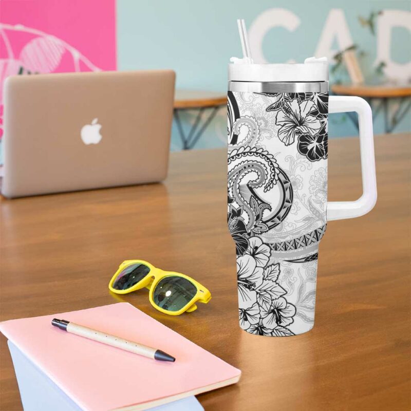 Polynesia Paisley Mix White Polynesian Custom Stanley Quencher 40oz Stainless Steel Tumbler With Handle - Threewoofs - Image 5