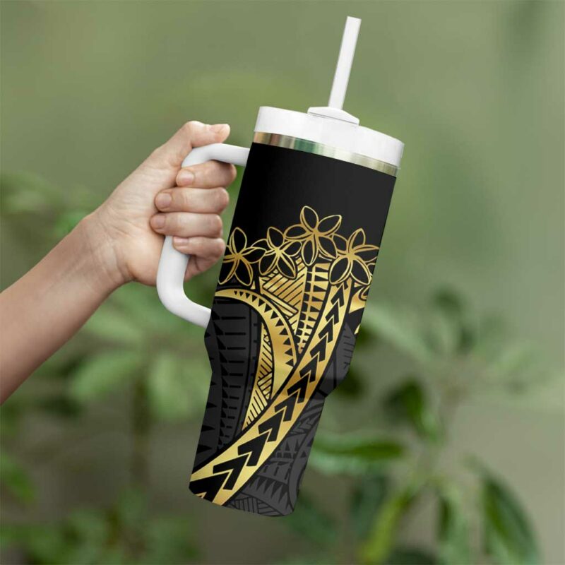 Polynesia Plumeria Gold Custom Stanley Quencher 40oz Stainless Steel Tumbler With Handle - Threewoofs - Image 3