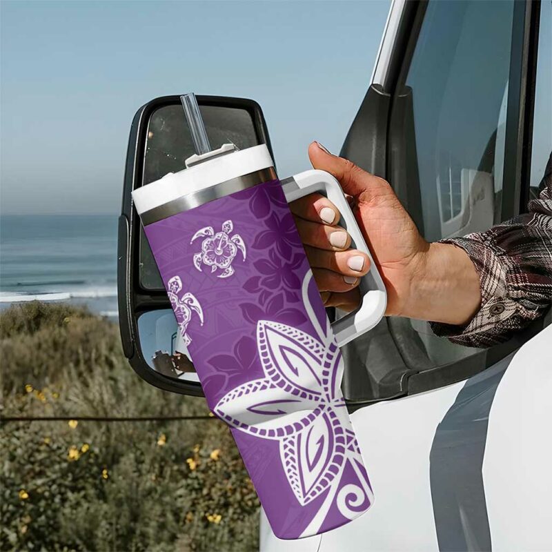Polynesia Purple Tribal Turtle Floral Custom Stanley Quencher 40oz Stainless Steel Tumbler With Handle - Threewoofs - Image 7