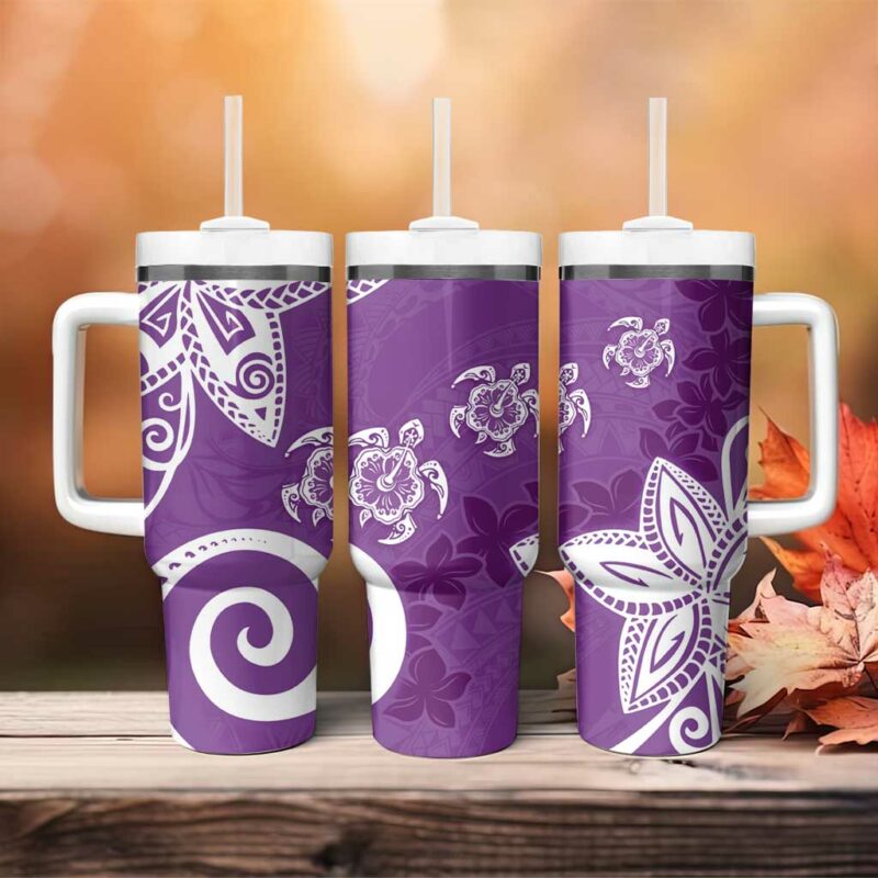 Polynesia Purple Tribal Turtle Floral Custom Stanley Quencher 40oz Stainless Steel Tumbler With Handle - Threewoofs - Image 4