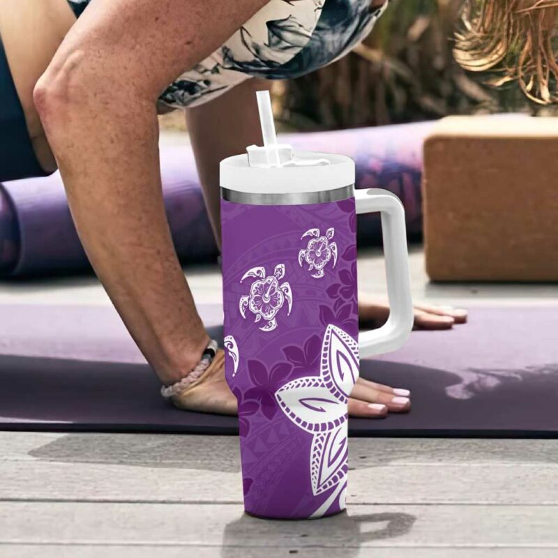 Polynesia Purple Tribal Turtle Floral Custom Stanley Quencher 40oz Stainless Steel Tumbler With Handle - Threewoofs - Image 6
