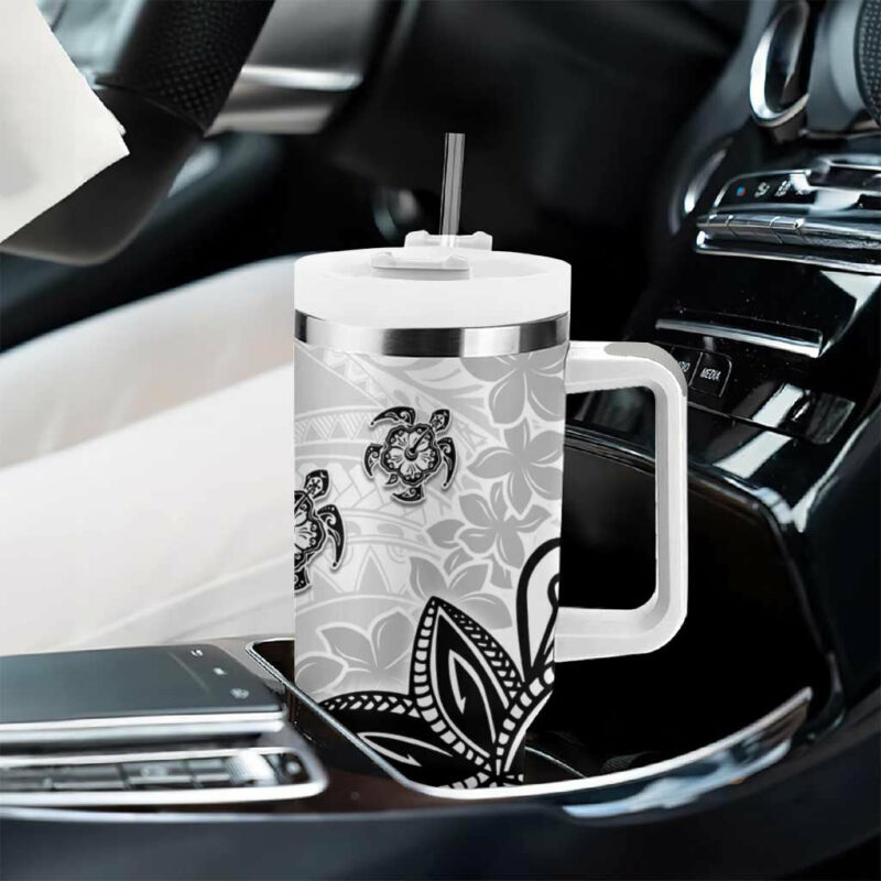 Polynesia White Tribal Turtle Floral Custom Stanley Quencher 40oz Stainless Steel Tumbler With Handle - Threewoofs - Image 8