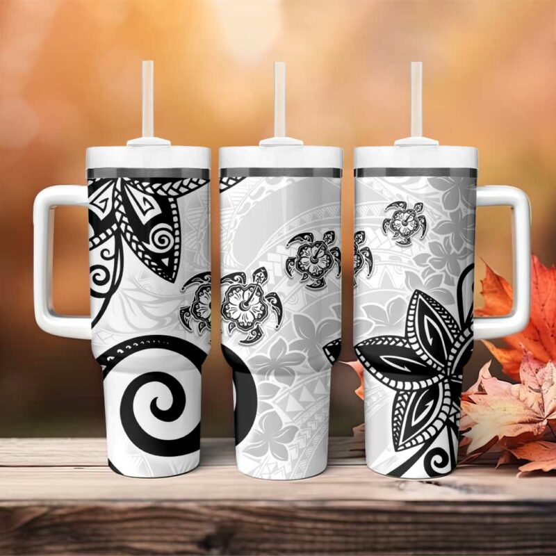 Polynesia White Tribal Turtle Floral Custom Stanley Quencher 40oz Stainless Steel Tumbler With Handle - Threewoofs - Image 4