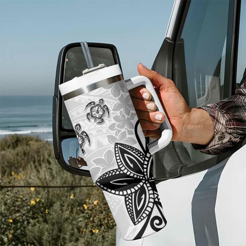 Polynesia White Tribal Turtle Floral Custom Stanley Quencher 40oz Stainless Steel Tumbler With Handle - Threewoofs - Image 7