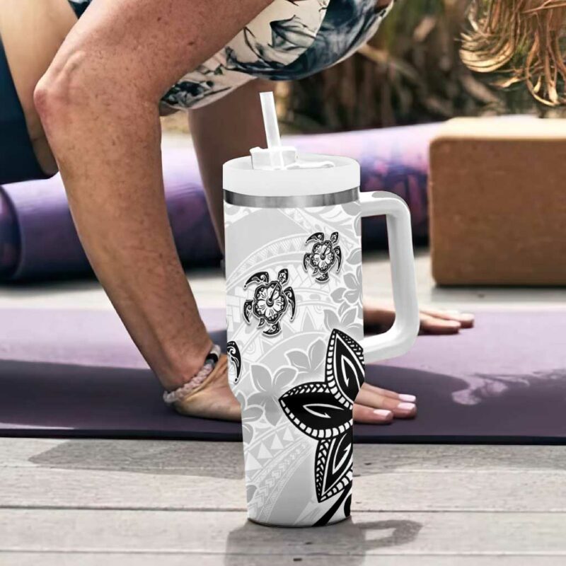 Polynesia White Tribal Turtle Floral Custom Stanley Quencher 40oz Stainless Steel Tumbler With Handle - Threewoofs - Image 6