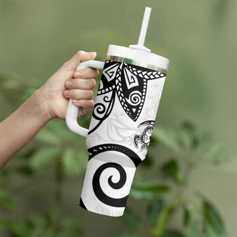 Polynesia White Tribal Turtle Floral Custom Stanley Quencher 40oz Stainless Steel Tumbler With Handle - Threewoofs - Image 3