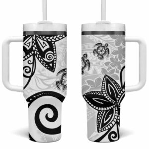 Polynesia White Tribal Turtle Floral Custom Stanley Quencher 40oz Stainless Steel Tumbler With Handle - Threewoofs