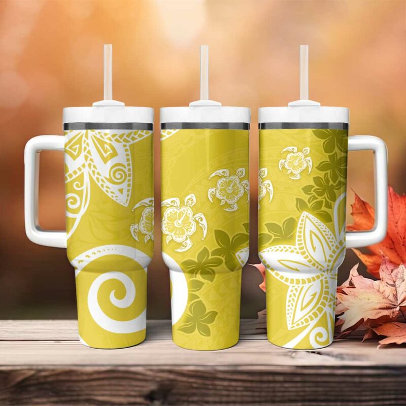 Polynesia Yellow Tribal Turtle Floral Custom Stanley Quencher 40oz Stainless Steel Tumbler With Handle - Threewoofs - Image 4