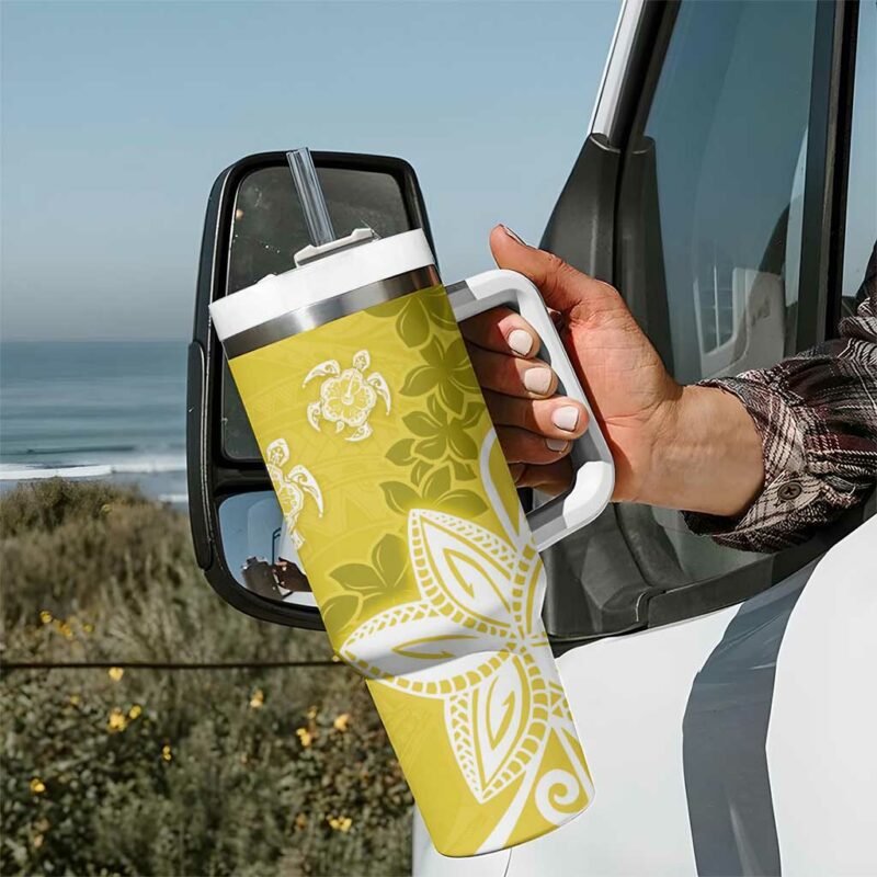 Polynesia Yellow Tribal Turtle Floral Custom Stanley Quencher 40oz Stainless Steel Tumbler With Handle - Threewoofs - Image 7