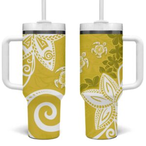 Polynesia Yellow Tribal Turtle Floral Custom Stanley Quencher 40oz Stainless Steel Tumbler With Handle - Threewoofs