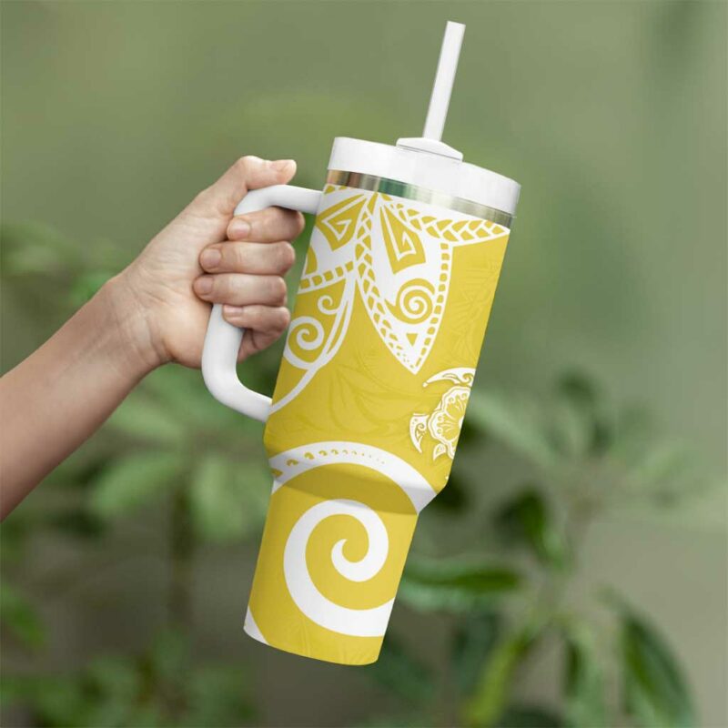 Polynesia Yellow Tribal Turtle Floral Custom Stanley Quencher 40oz Stainless Steel Tumbler With Handle - Threewoofs - Image 3