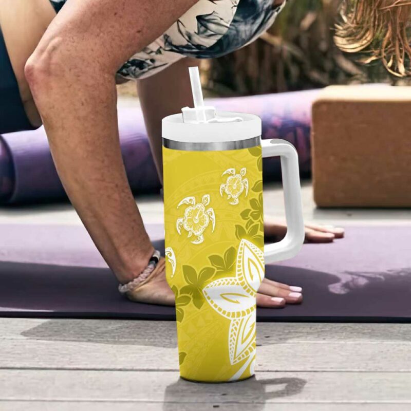 Polynesia Yellow Tribal Turtle Floral Custom Stanley Quencher 40oz Stainless Steel Tumbler With Handle - Threewoofs - Image 6