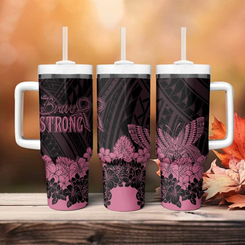 Polynesian Breast Cancer Awareness Floral Butterfly Custom Stanley Quencher 40oz Stainless Steel Tumbler With Handle - Threewoofs - Image 4