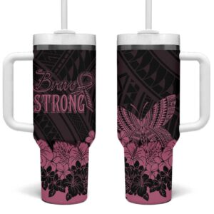 Polynesian Breast Cancer Awareness Floral Butterfly Custom Stanley Quencher 40oz Stainless Steel Tumbler With Handle - Threewoofs