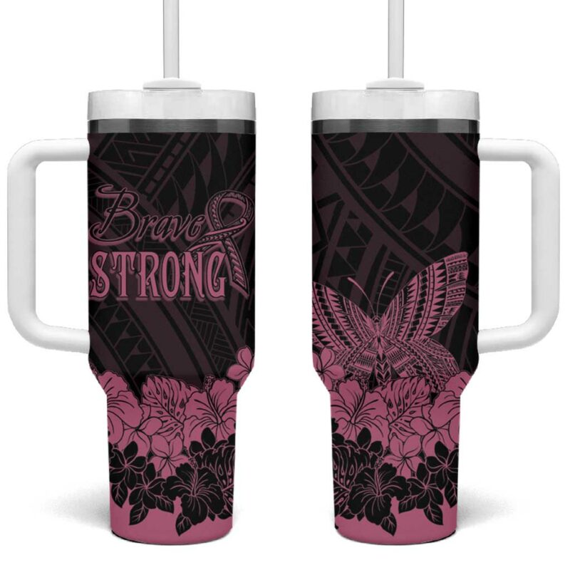 Polynesian Breast Cancer Awareness Floral Butterfly Custom Stanley Quencher 40oz Stainless Steel Tumbler With Handle - Threewoofs
