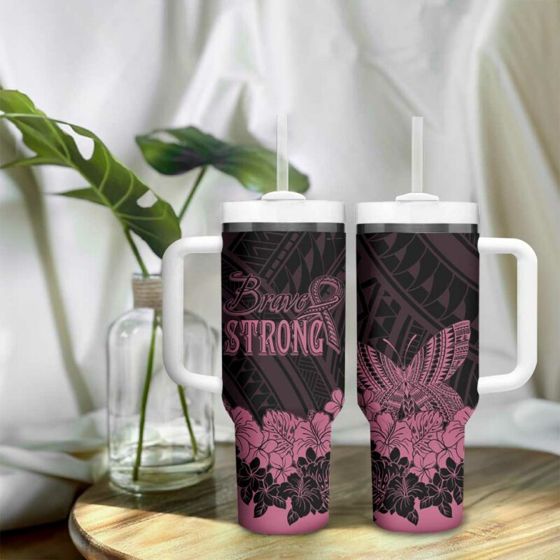 Polynesian Breast Cancer Awareness Floral Butterfly Custom Stanley Quencher 40oz Stainless Steel Tumbler With Handle - Threewoofs - Image 9