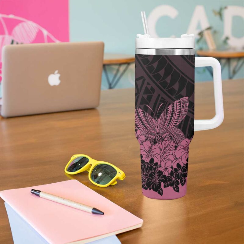 Polynesian Breast Cancer Awareness Floral Butterfly Custom Stanley Quencher 40oz Stainless Steel Tumbler With Handle - Threewoofs - Image 5