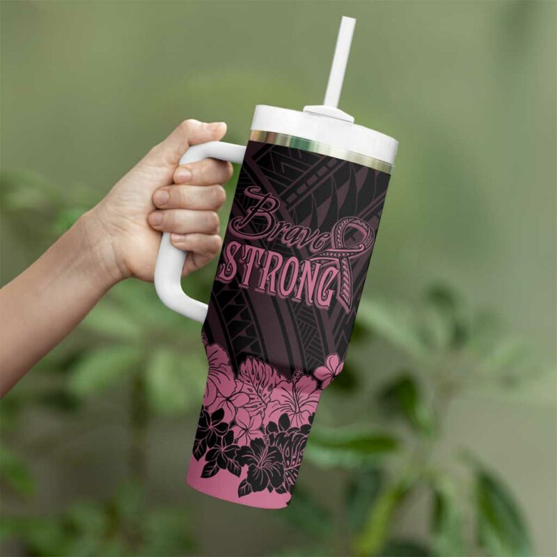 Polynesian Breast Cancer Awareness Floral Butterfly Custom Stanley Quencher 40oz Stainless Steel Tumbler With Handle - Threewoofs - Image 3
