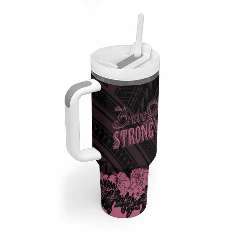 Polynesian Breast Cancer Awareness Floral Butterfly Custom Stanley Quencher 40oz Stainless Steel Tumbler With Handle - Threewoofs - Image 2