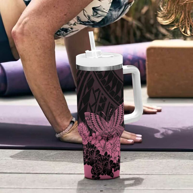 Polynesian Breast Cancer Awareness Floral Butterfly Custom Stanley Quencher 40oz Stainless Steel Tumbler With Handle - Threewoofs - Image 6