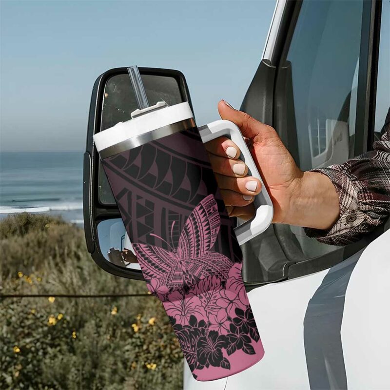 Polynesian Breast Cancer Awareness Floral Butterfly Custom Stanley Quencher 40oz Stainless Steel Tumbler With Handle - Threewoofs - Image 7