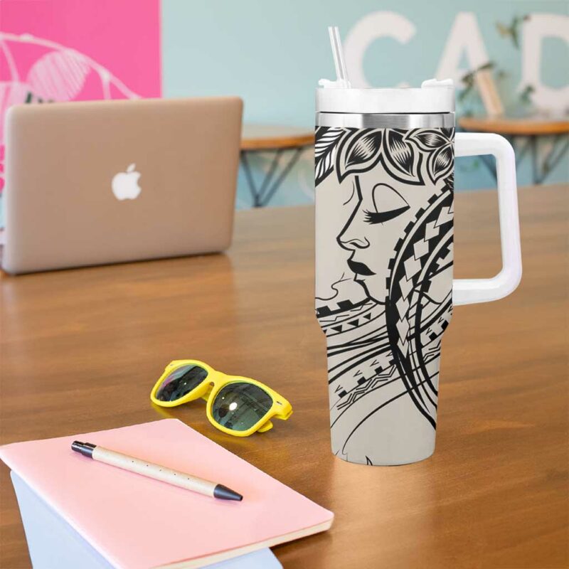 Polynesian Girl Tribal Tattoo Beige Custom Stanley Quencher 40oz Stainless Steel Tumbler With Handle - Threewoofs - Image 5