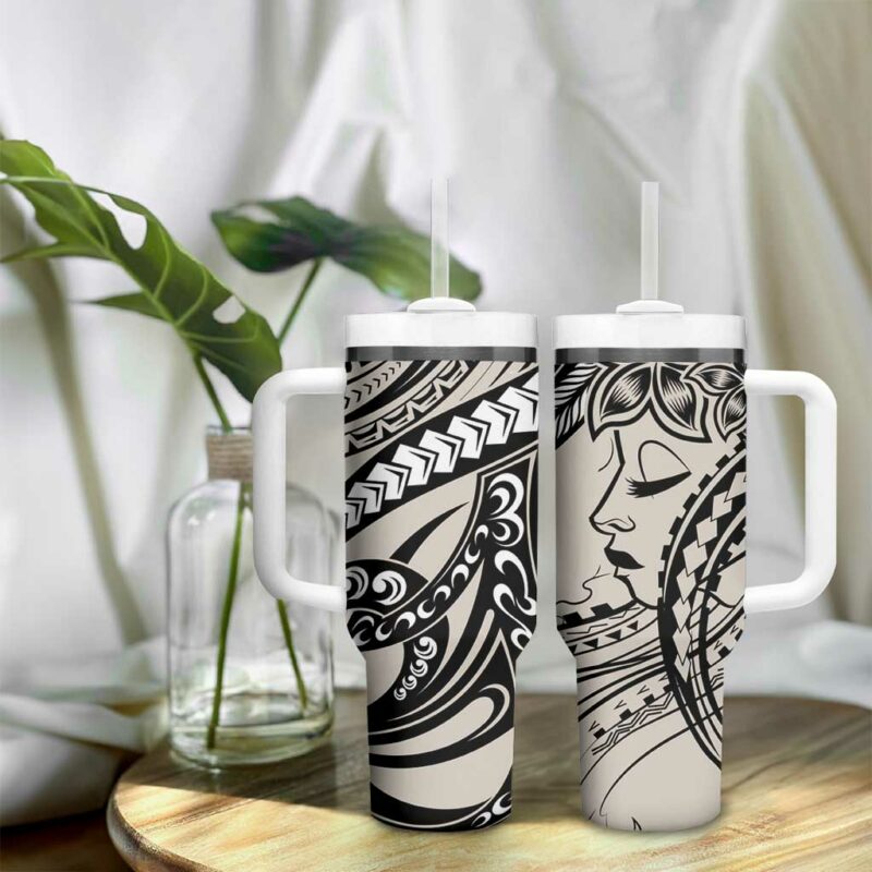 Polynesian Girl Tribal Tattoo Beige Custom Stanley Quencher 40oz Stainless Steel Tumbler With Handle - Threewoofs - Image 9