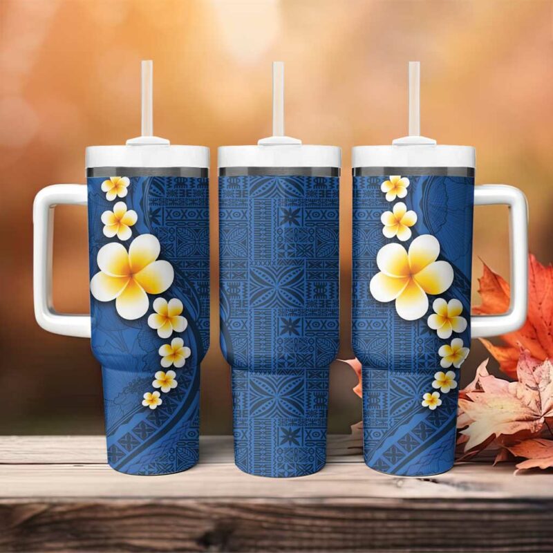 Polynesian Hibiscus and Plumeria with Tapa Blue Color Custom Stanley Quencher 40oz Stainless Steel Tumbler With Handle - Threewoofs - Image 4