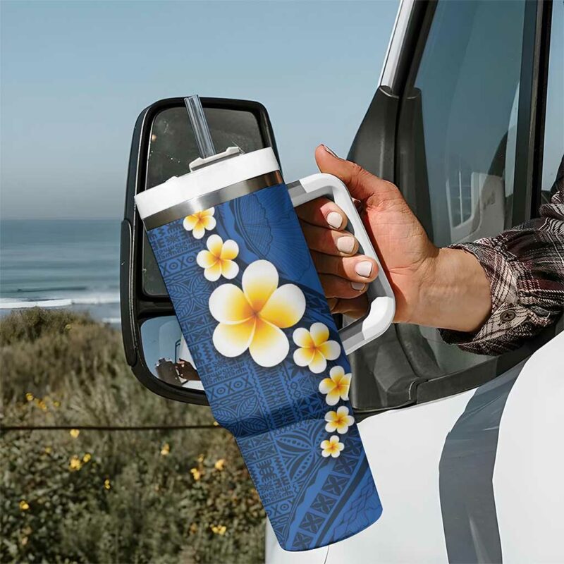 Polynesian Hibiscus and Plumeria with Tapa Blue Color Custom Stanley Quencher 40oz Stainless Steel Tumbler With Handle - Threewoofs - Image 7
